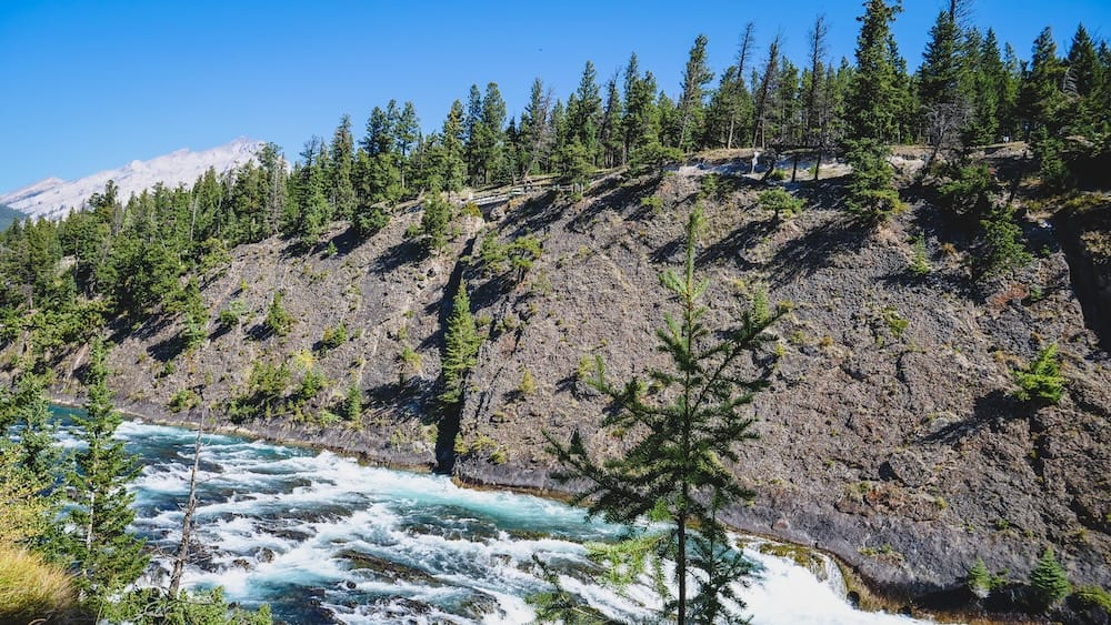 Audrey Bergner stands at a distant clifftop viewpoint above Bow Falls, where whitewater rushes through a rocky, tree-lined canyon near Banff, Alberta, Canada.