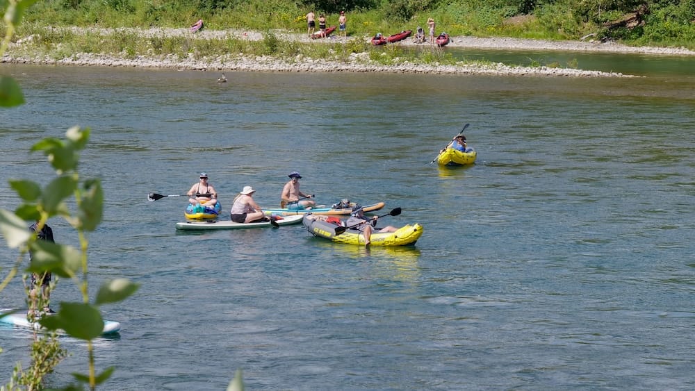 Bow River in Calgary Alberta Canada with Kayakers and Paddleboarders on a Summer Riverfront Outing Kayakers and paddleboarders move along the Bow River in Calgary, Alberta, Canada, with several people on the water and a rocky, tree-lined riverbank visible in the background.