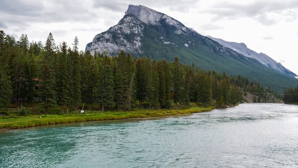Mount Rundle view from the Bow River Trail, Banff National Park, Alberta, Canada The Bow River flows past a forested bank toward Mount Rundle's distinctive sloped peak, viewed from along the Bow River Trail in Banff National Park, Alberta, Canada under an overcast sky.