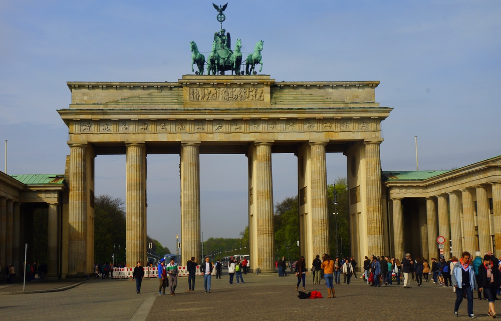 Brandenburg Gate in Berlin, Germany on a busy afternoon