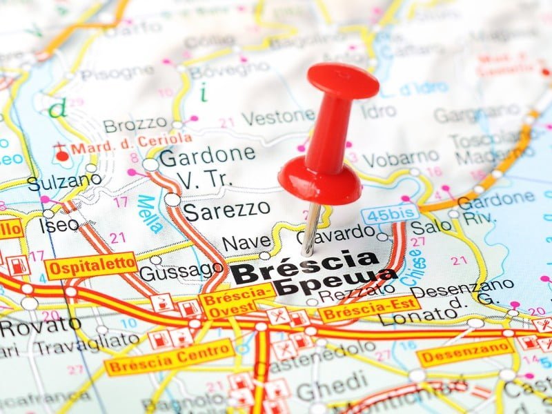 Brescia pinned on a map in Italy 