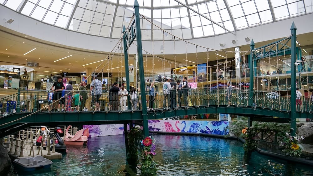 Bridge and Swan Paddle Boats Inside West Edmonton Mall, Edmonton Rope-sided pedestrian bridge crossing above the indoor lagoon and swan-shaped paddle boats inside West Edmonton Mall in Edmonton, Alberta, beneath a bright glass atrium.