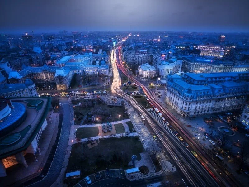 Bucharest traffic at night in Romania 