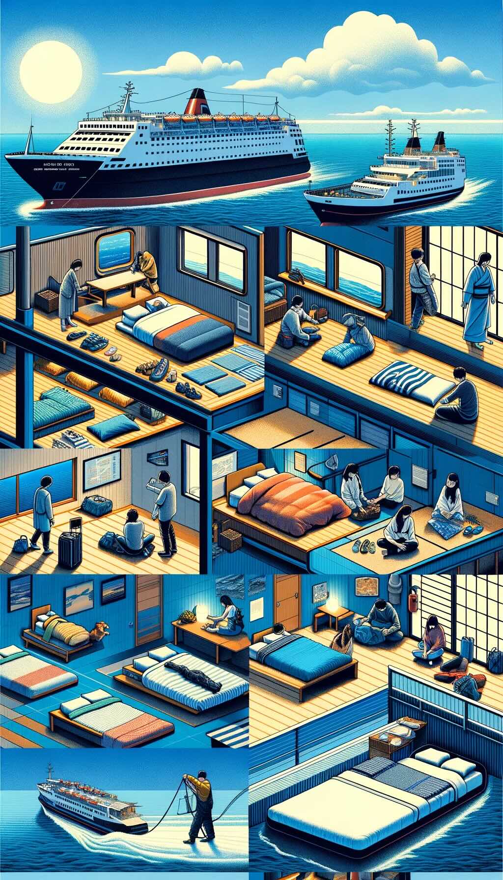 Budget-friendly overnight ferry travel in Japan, emphasizing the practical and memorable aspects of sleeping on a ferry to save on accommodation costs. It depicts travelers preparing for a restful night at sea, choosing between various sleeping options like cabins, deck seats, and open sleeping areas with tatami mats. The essentials for comfortable sleep, such as lightweight sleeping bags, travel pillows, and passengers dressing in layers, are illustrated, showcasing the communal atmosphere in the deck seats and open sleeping areas, highlighting the opportunity to meet fellow travelers. The privacy and comfort of cabins are portrayed as a cost-effective alternative to hotels, ideal for groups or families. It conveys the balance between affordability, comfort, and the unique experience of sleeping on a ferry, using vibrant colors, dynamic compositions, and innovative shapes to capture the essence of night ferry strategies in Japan. 