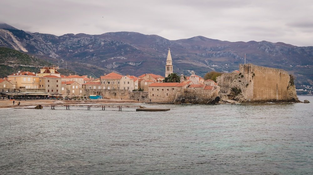 Budva historic town distant vantage point views 