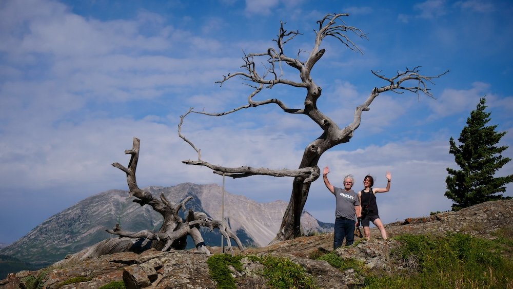 Burmis Tree in the Crowsnest Pass, Alberta, with Audrey Bergner of That Backpacker and Daniel Bergner waving beside the famous windswept limber pine—one of the most iconic roadside landmarks and an easy, memorable day trip from Fernie, British Columbia.
