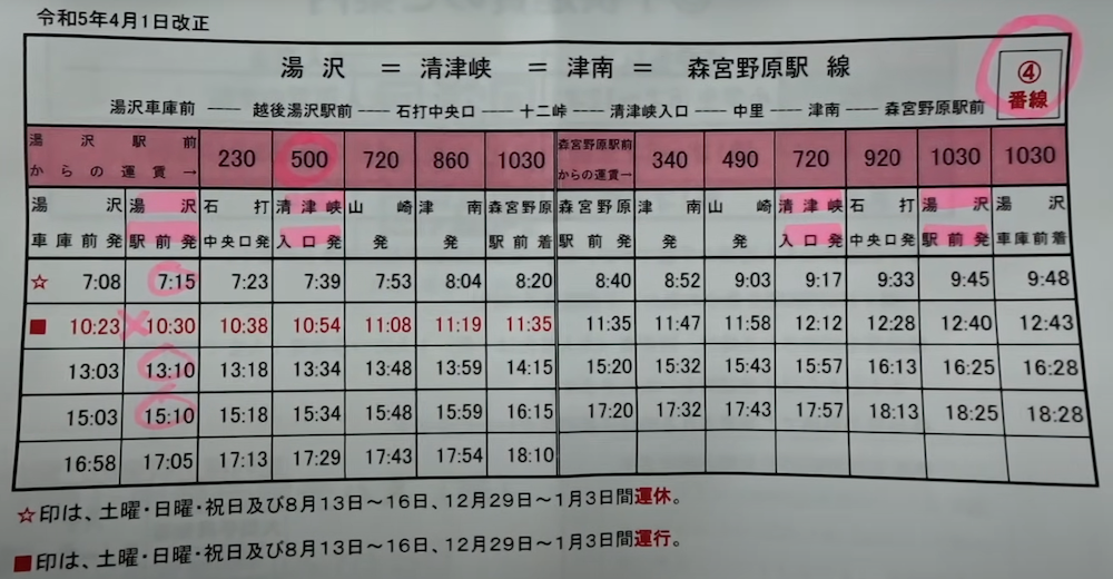 Bus schedule to Kiyotsu Gorge from Yuzawa, Japan