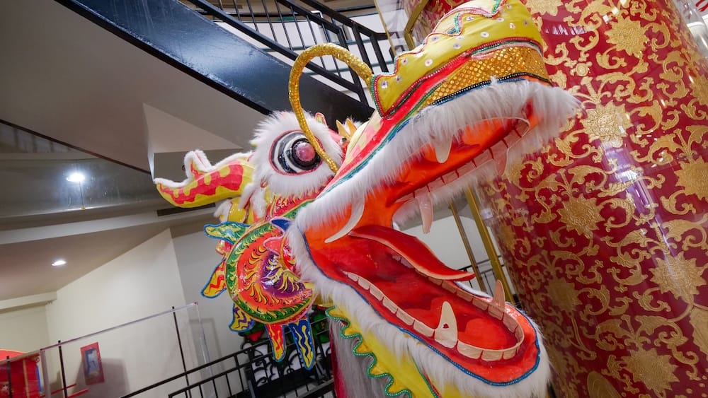 Traje de dragón chino exhibido dentro de Calgary Chinese Cultural Centre, Calgary, Alberta, Canadá Un colorido traje de dragón chino está exhibido dentro de Calgary Chinese Cultural Centre, en Calgary, Alberta, Canadá, con telas rojas y doradas, detalles ornamentales y muestras del museo alrededor.