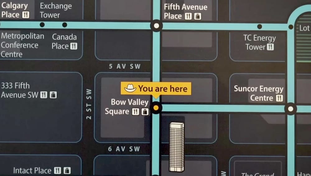 Vista ampliada de un mapa del Calgary +15 Skywalk en el centro de Calgary, Alberta, Canadá, centrada en Bow Valley Square y conexiones cercanas con Suncor Energy Centre, Fifth Avenue Place y otras rutas.