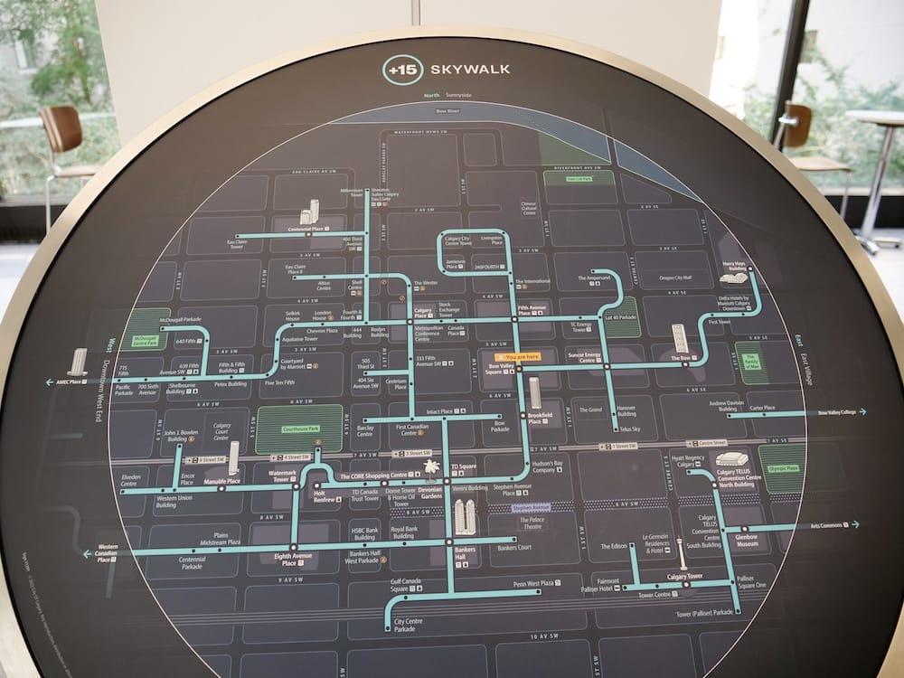 Calgary Plus 15 Skywalk Map Downtown Alberta Canada Indoor Pedestrian Network and Navigation Guide Close-up of the Calgary +15 Skywalk map in downtown Calgary, Alberta, Canada, showing the enclosed pedestrian network, connected buildings, streets and marked walking routes across the city centre.