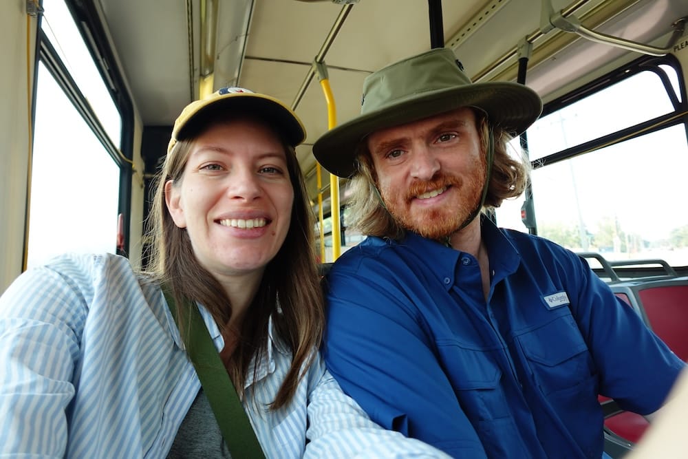 Calgary Transit Bus to Heritage Park Alberta Canada with Audrey Bergner and Samuel Jeffery Audrey Bergner and Samuel Jeffery sit together on a Calgary Transit bus in Calgary, Alberta, Canada, during their public-transit journey to Heritage Park on a summer sightseeing day.