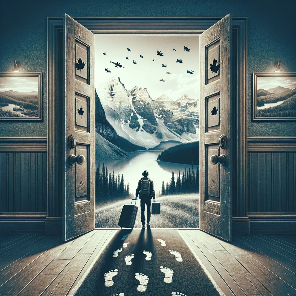 Canadian adventure, showcasing a traveler at the threshold of an open doorway that frames Canada’s diverse landscapes. From the majestic Rockies to the vast skies and lush forests, the view through the door invites exploration and discovery. Footprints leading to this moment signify the journey already taken, while the traveler, suitcase ready, symbolizes the imminent step into a new world. Rendered in retro fade greyscale, the scene captures the transition from preparation to adventure, embodying the spirit of exploration and the welcoming beauty of Canada. It serves as both a farewell to the familiar and an encouragement to dive into the great Canadian wilderness, promising adventure, beauty, and a hint of the wild unknown.