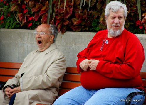 Yawning man sitting down on a park bench in Chicago candid portrait