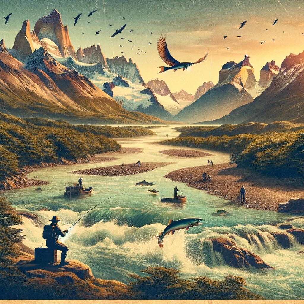 Capturing the allure of Patagonia conveys the vast expanse of the region, with rugged mountains, intricate rivers, and vast coastlines, and illustrates an angler experiencing the majestic nature of Patagonia. 