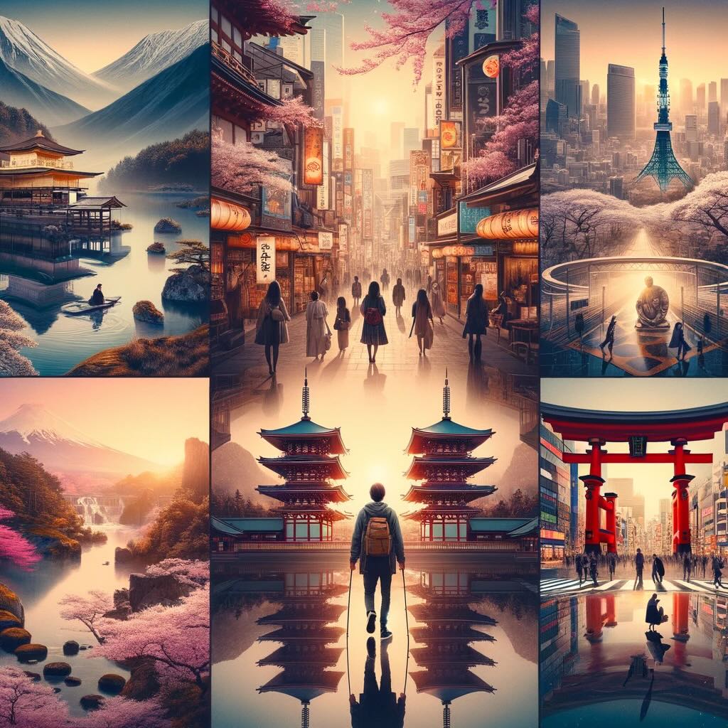 Capturing the essence of solo travel in Japan. The artwork blends scenes of ancient temples, futuristic skyscrapers, serene cherry blossoms, and the bustling Shibuya crossing, depicting the unique journey of a solo traveler immersed in the contrasts and rhythms of Japan