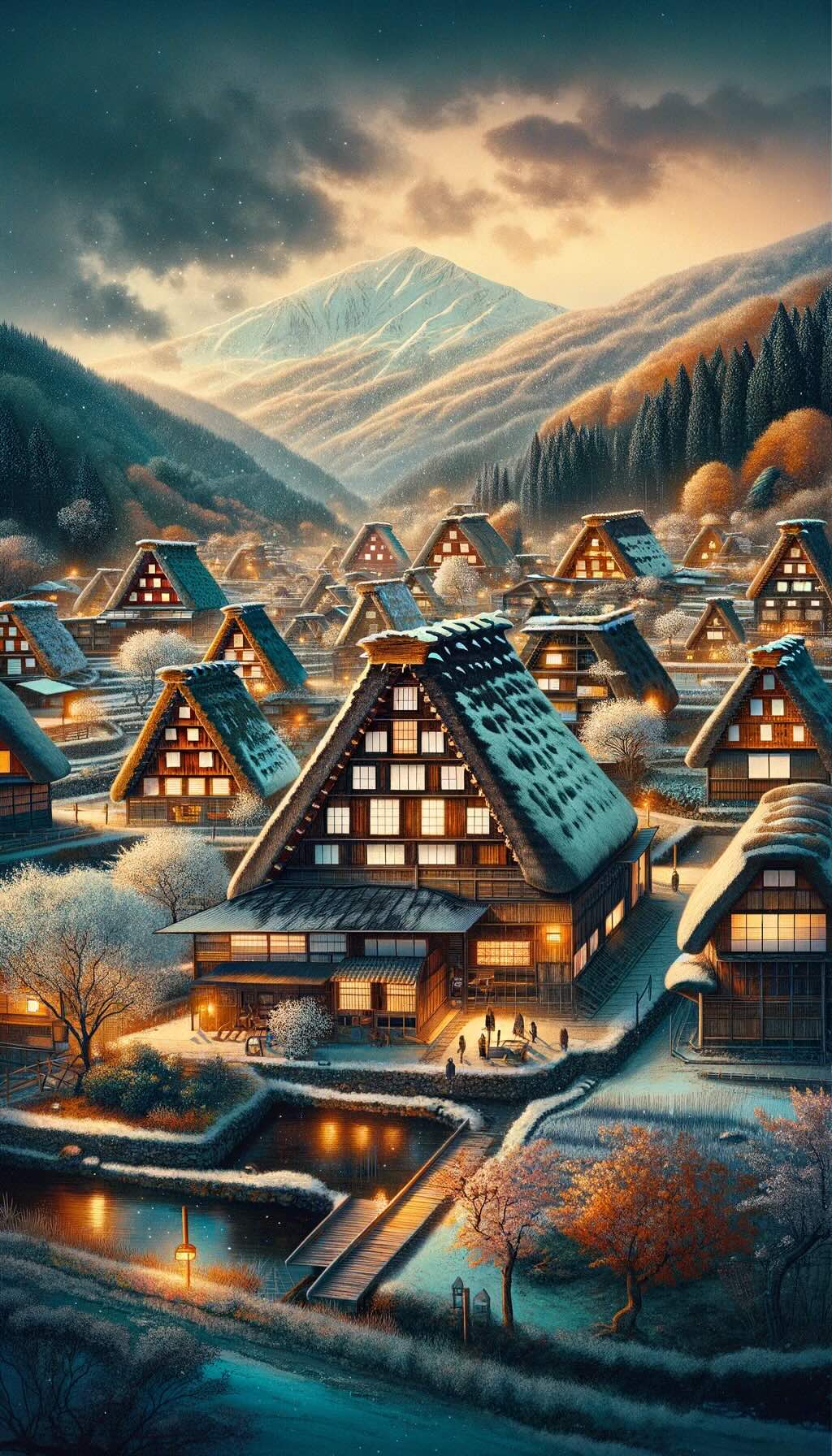 Capturing the timeless essence of Shirakawa-go depicts the village's famous gassho-zukuri houses against the backdrop of changing seasons, inviting viewers to appreciate its historical and cultural significance