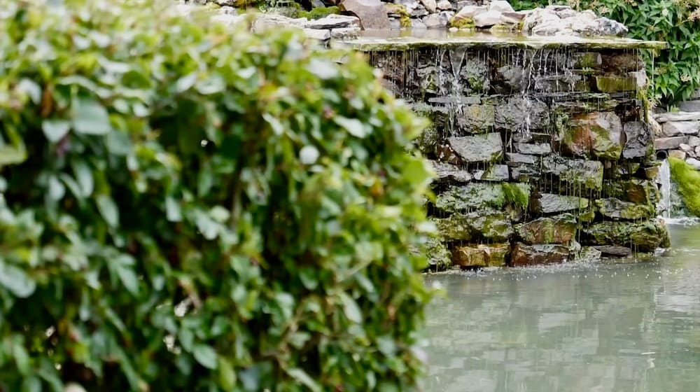 Small cascading waterfall flowing over a stacked stone wall into a pond at Cascade of Time Garden in Banff, Alberta, Canada, framed by dense green shrubs and mossy rocks.