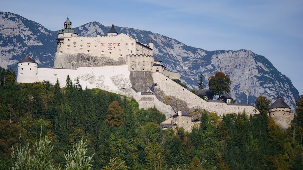 Castle views in Werfen with mountain backdrop in Austria 