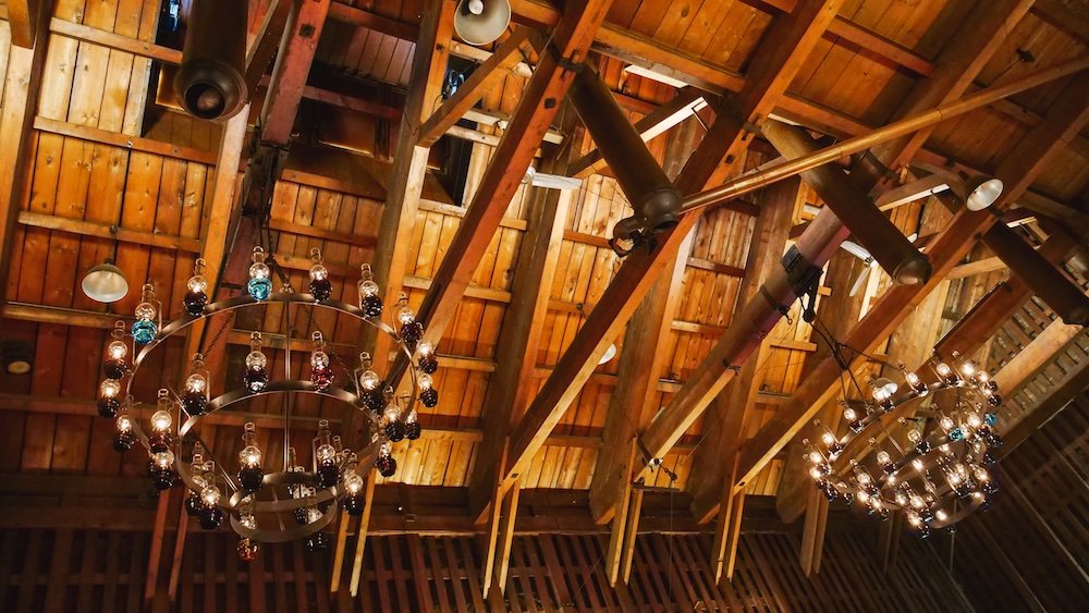 Ceiling views at the Kitaichi Hall Gas Lamp Cafe in Otaru, Japan 