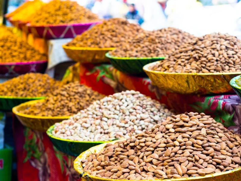 Chandi Chowk nuts and dried fruits for sale at a market in Delhi, India 