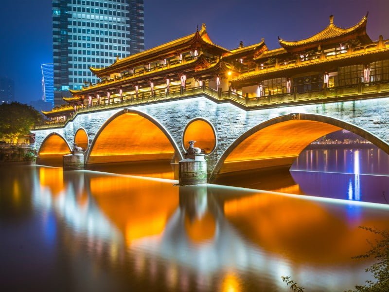Chengdu bridge at night: Popular destination to visit in China while teaching ESL.