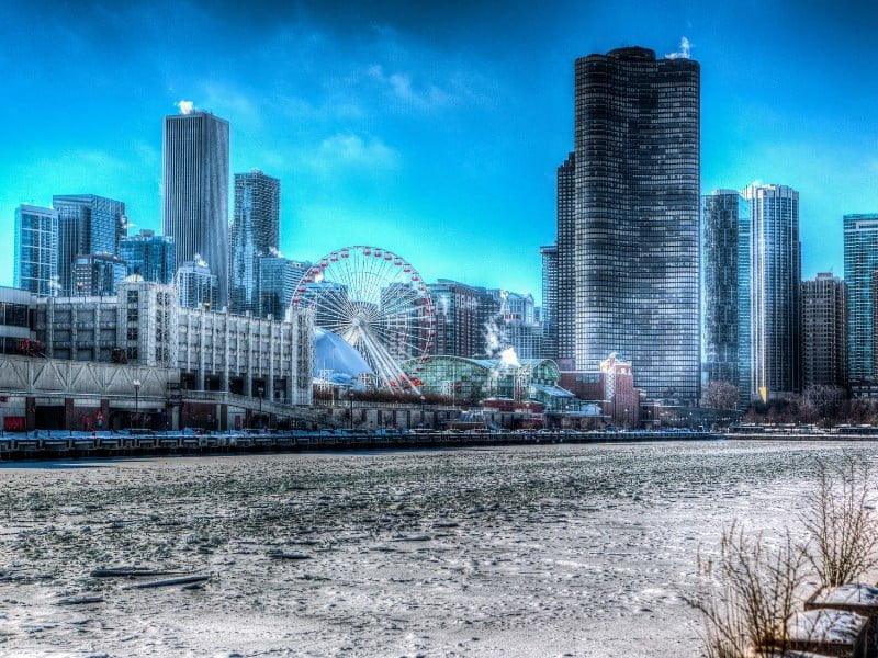 Chicago during the winter after snowfall with views of the downtown Navy Pier 
