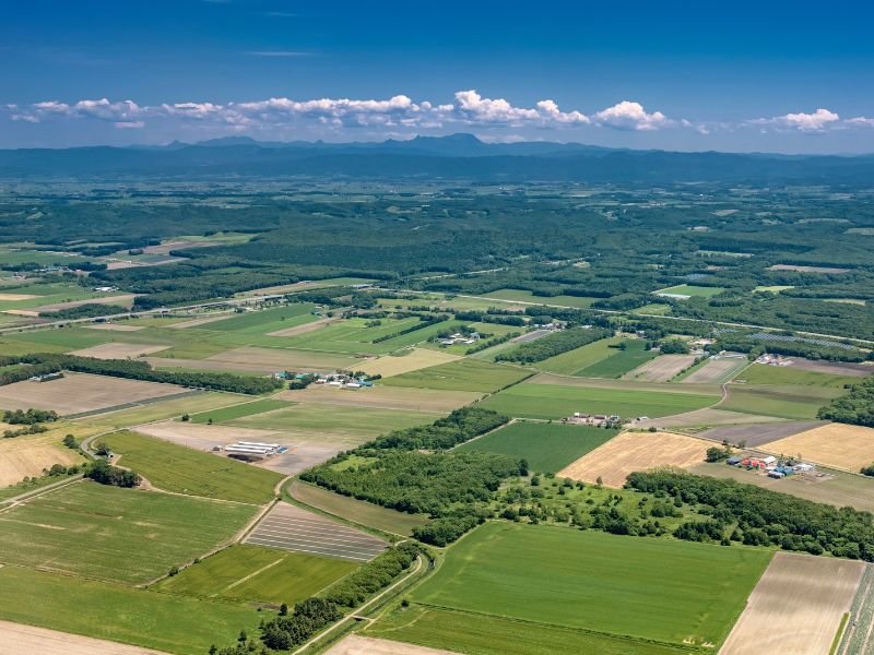 Chitose rural views from aerial sky shots in Hokkaido, Japan 