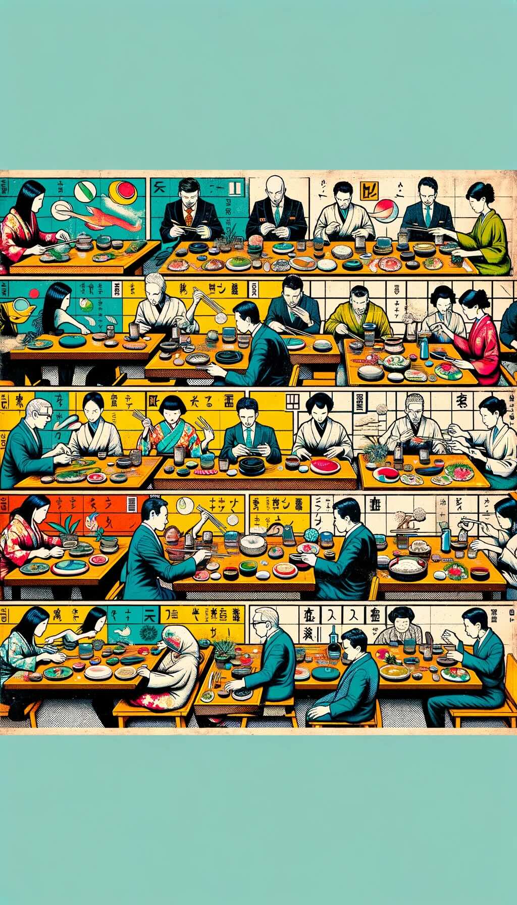 Common dining etiquette mistakes in Japan. It depicts scenes in a Japanese dining setting, such as a sushi bar or traditional restaurant, showing diners making etiquette mistakes like improper use of chopsticks, incorrect sushi soy sauce dipping, and misuse of an oshibori. It provides a modern and abstract interpretation of these common dining faux pas, emphasizing the importance of understanding and respecting Japanese dining etiquette.