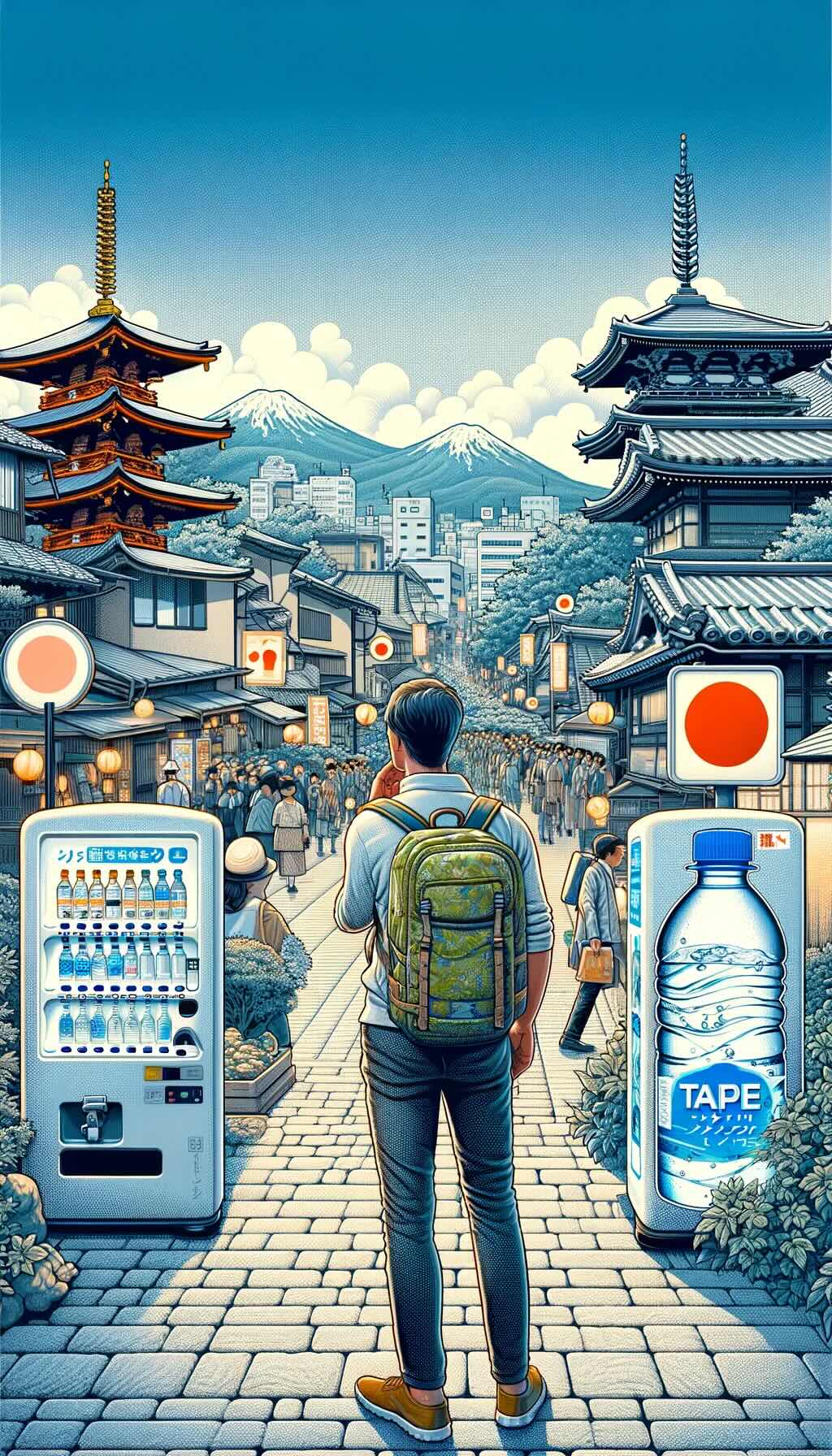 Concept of choosing between tap and bottled water in Japan for travelers illustrates a traveler pondering the hydration dilemma in various Japanese settings, including the streets of Tokyo, temples in Kyoto, and landscapes in Hokkaido. It shows the presence of bottled water in vending machines and the availability of tap water, highlighting the decision-making process of a savvy traveler. The image captures the essence of staying hydrated while exploring Japan, focusing on the importance of making safe and informed choices for health and adventure, and is visually appealing and engaging, conveying the significance of understanding and navigating the local environment regarding water consumption.