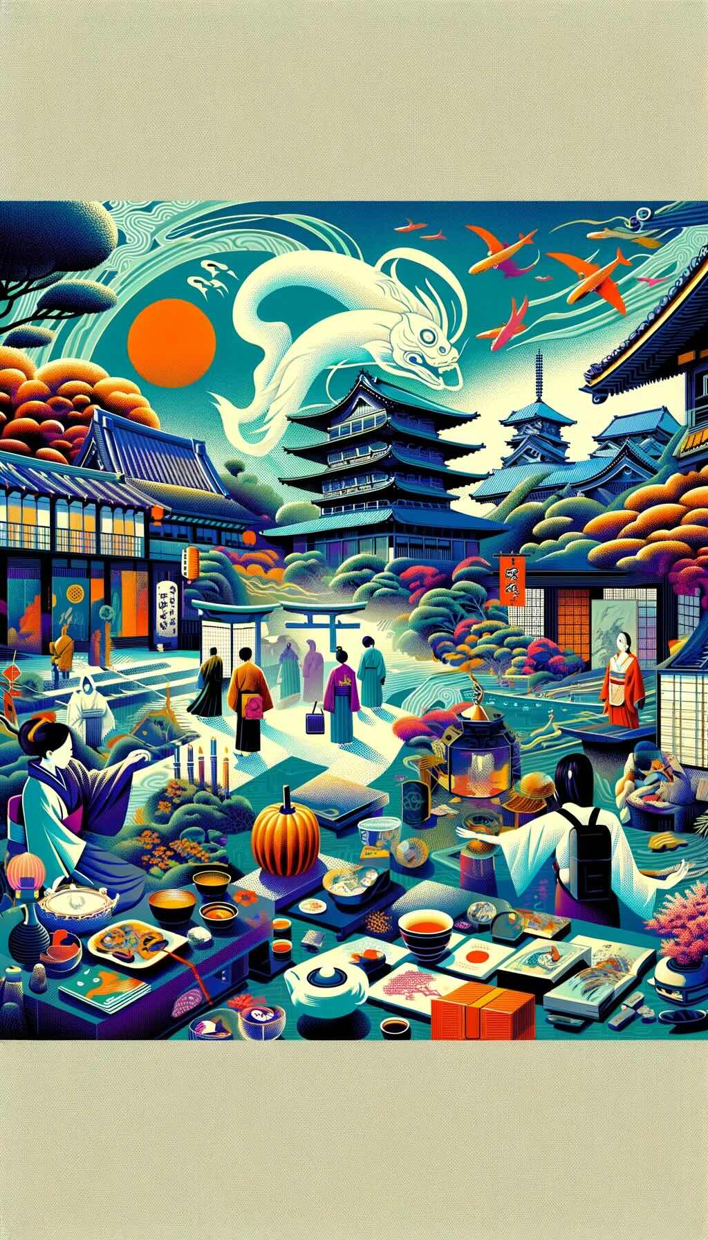 Concept of combining visits to Japan’s haunted sites with other cultural activities. It shows a traveler engaging in diverse experiences like exploring historical landmarks, local museums, and participating in traditional Japanese activities such as tea ceremonies and calligraphy workshops. The composition, vibrant and rich in cultural context, effectively merges the eerie aspects of haunted site visits with the serene and vibrant elements of Japanese culture.