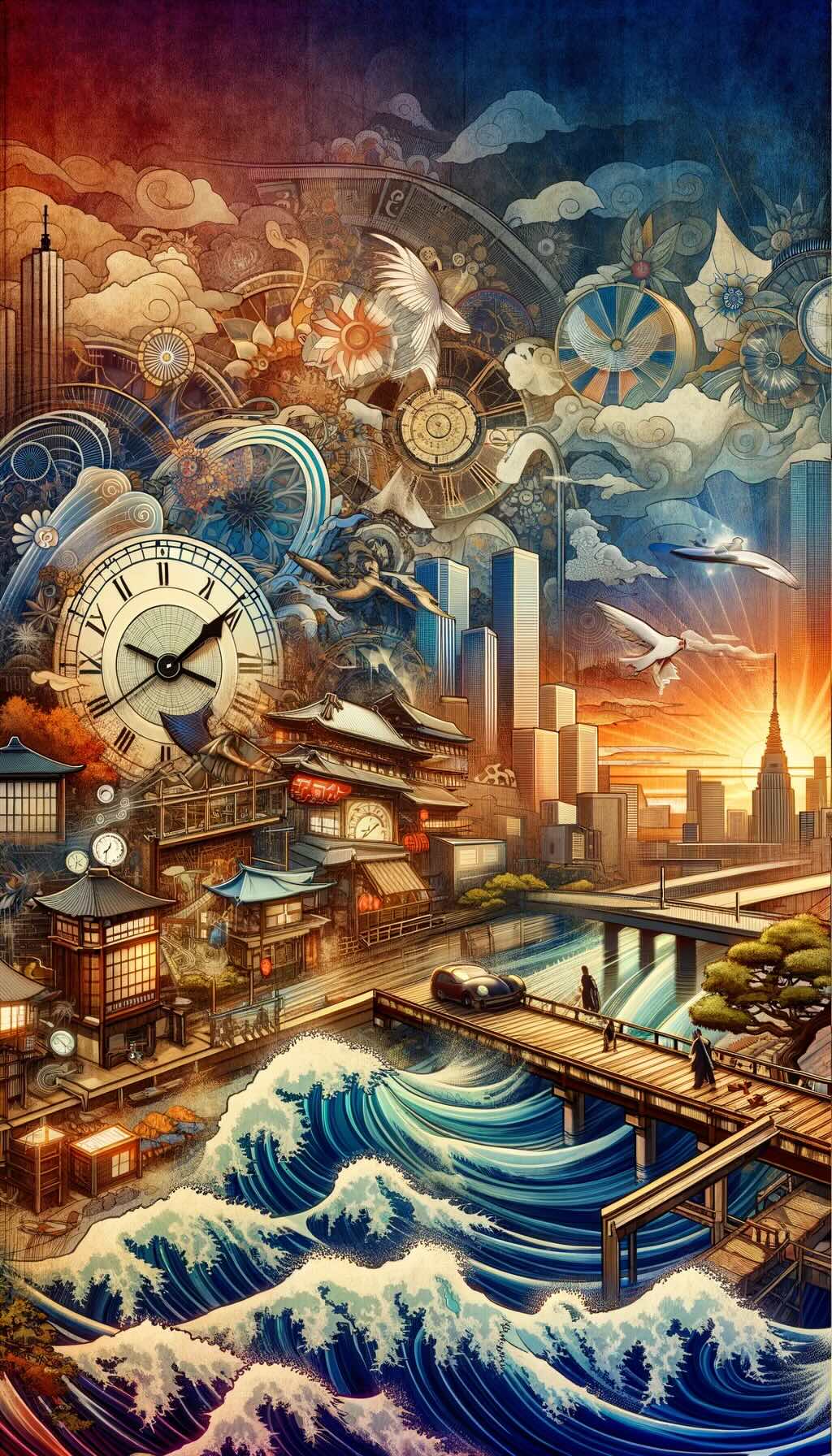 Concept of 'Embracing the Journey Through Japan Standard Time' depicts a blend of modernity and traditional elegance, symbolizing a journey through time in Japan. It includes visual elements that represent the passage of time in Japanese culture, such as clocks set to JST, scenes of daily life from morning to night, and iconic Japanese landmarks. The image conveys the idea of exploring the rich cultural tapestry of Japan, with each moment intricately tied to Japan Standard Time, in a fusion of contemporary and traditional Japanese art styles