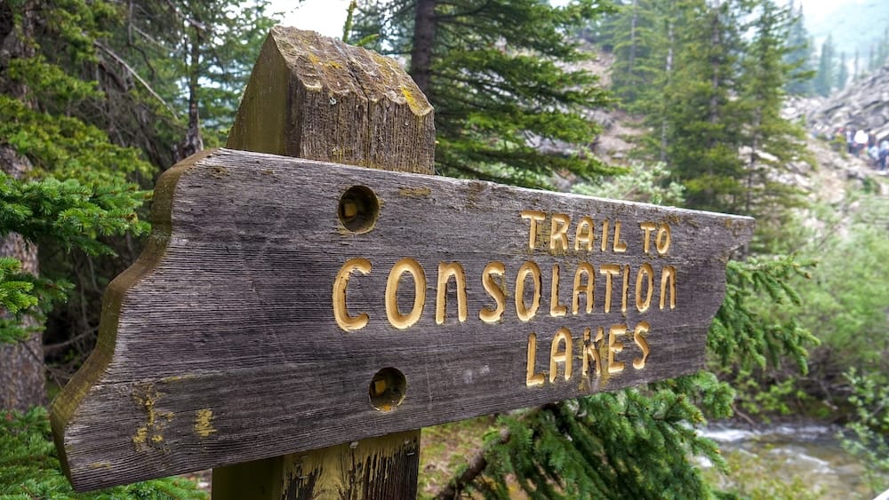 Consolation Lakes Trail Sign at Moraine Lake, Banff National Park, Alberta, Canada Forest Hiking Route Wooden Trail to Consolation Lakes sign beside a forested path near Moraine Lake in Banff National Park, Alberta, Canada, with evergreen trees, rocky terrain and hikers visible in the distance.