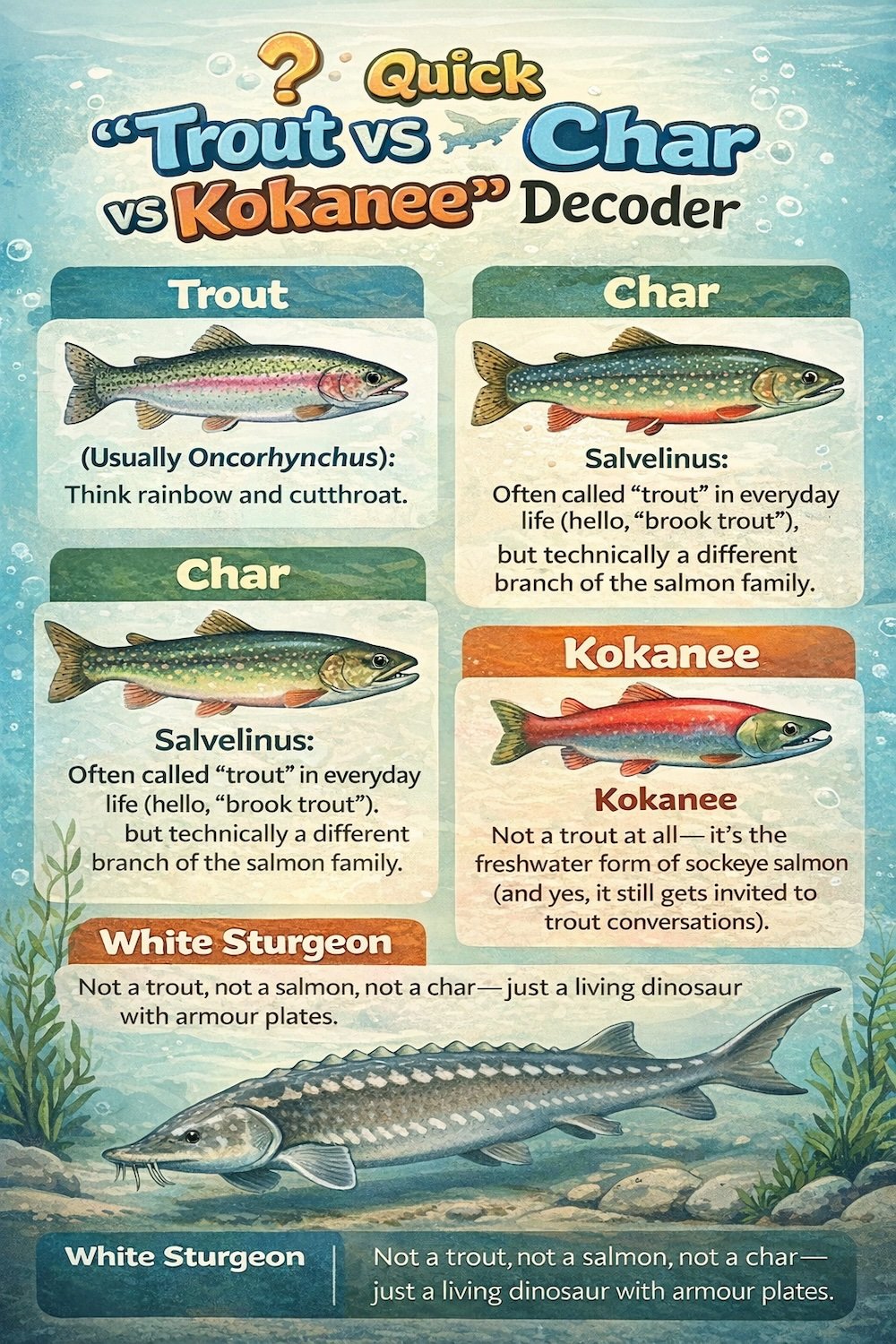 Infographic decoding trout vs char vs kokanee at Kootenay Trout Hatchery near Cranbrook, BC, with labeled illustrations of rainbow/cutthroat trout (Oncorhynchus), brook char (Salvelinus), kokanee sockeye, and white sturgeon.