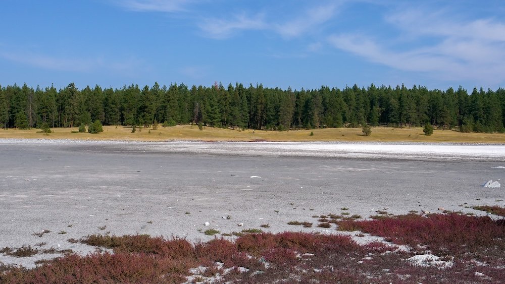 Cranbrook Community Forest Sylvan Lake completely dry in early September, showing an exposed lakebed framed by open meadows and pine forest, an honest look at seasonal water levels that visitors may encounter when hiking to this popular stop near Cranbrook, British Columbia.