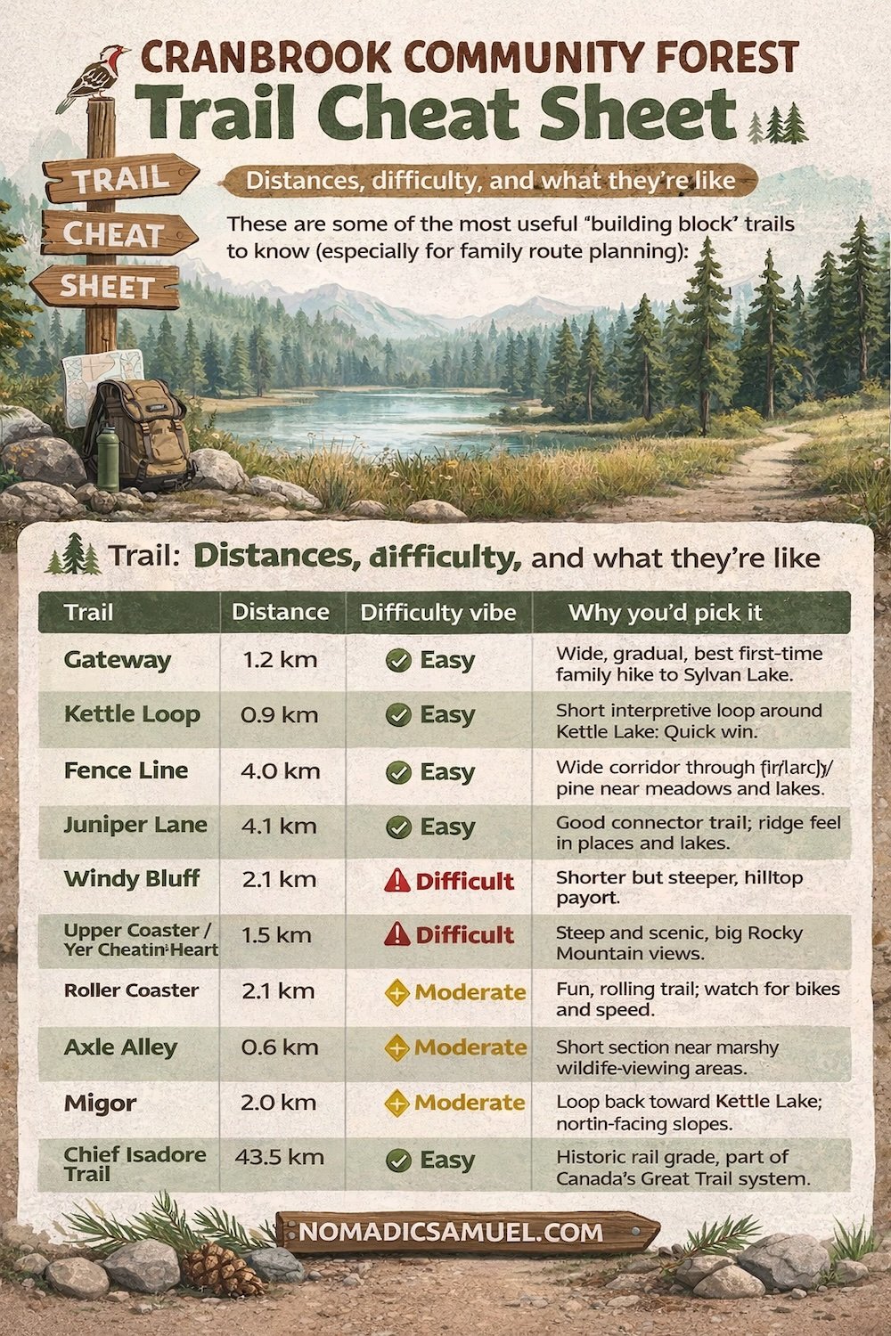 Cranbrook Community Forest trail cheat sheet infographic summarizing distances, difficulty levels, and ideal uses for key hiking routes, helping families and visitors quickly choose easy walks, moderate trails, or scenic climbs for safe and enjoyable hikes near Cranbrook, British Columbia.
