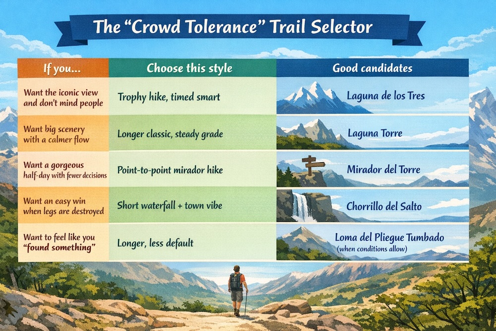 Infographic titled “The ‘Crowd Tolerance’ Trail Selector” illustrating how hikers can match their comfort with crowds to the right El Chaltén trail. The chart compares five hikes—from iconic but busy Laguna de los Tres to peaceful Loma del Pliegue Tumbado—by style and vibe.