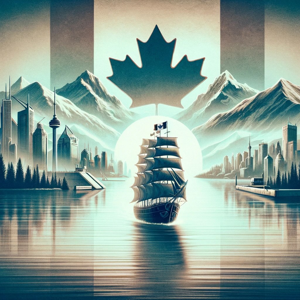 Culmination to obtaining a Canada visit visa from Dubai, depicted as a tranquil and triumphant voyage. A metaphorical ship sails gracefully towards the Canadian coast, embodying the transition from hopeful anticipation to the joy of arrival. The calm waters beneath the ship reflect the smooth passage facilitated by diligent preparation. The backdrop, blending iconic Canadian symbols like the Rocky Mountains, a maple leaf, and urban skylines, crafts a cohesive and welcoming Canadian vista. Rendered in retro fade greyscale, the illustration exudes a serene sense of achievement and the excitement of embarking on new adventures in Canada, all made possible by a carefully prepared visa application. This visual narrative celebrates the successful end of the procedural journey in Dubai, ushering in the vast, inviting experiences of Canada.