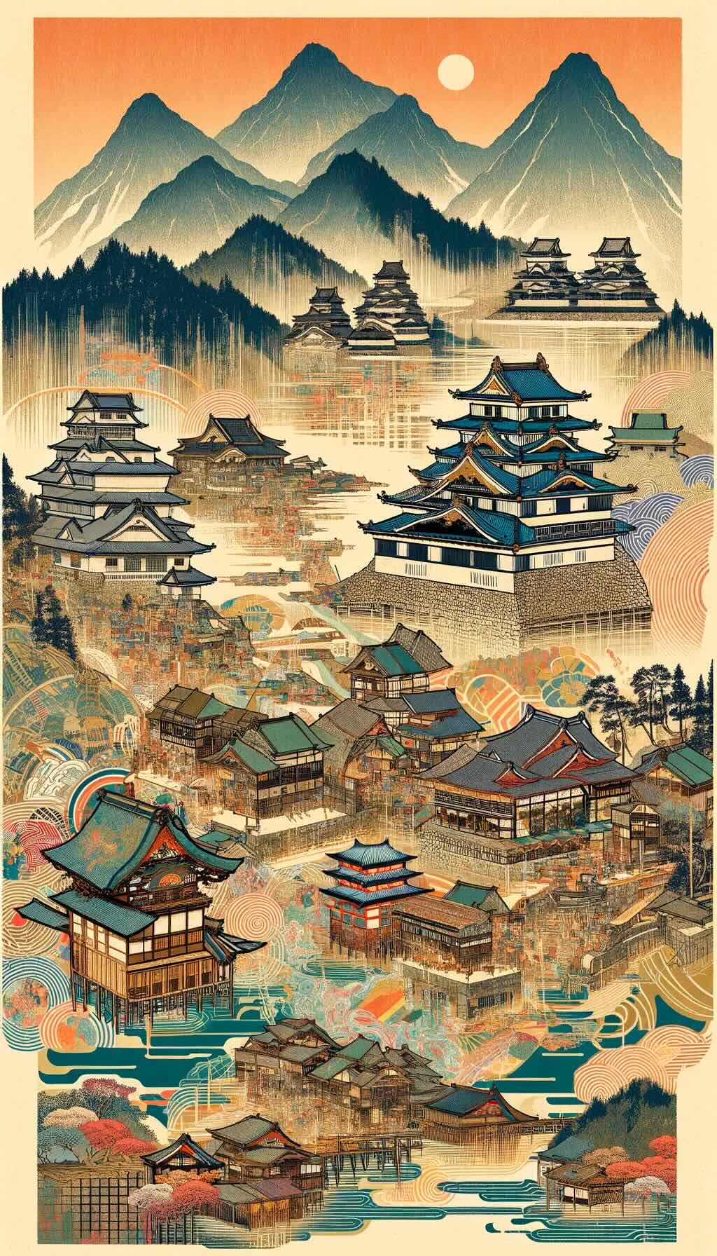 Cultural and historical essence of the Japanese countryside depicts serene temples, rural castles, and vibrant local traditions and festivals.