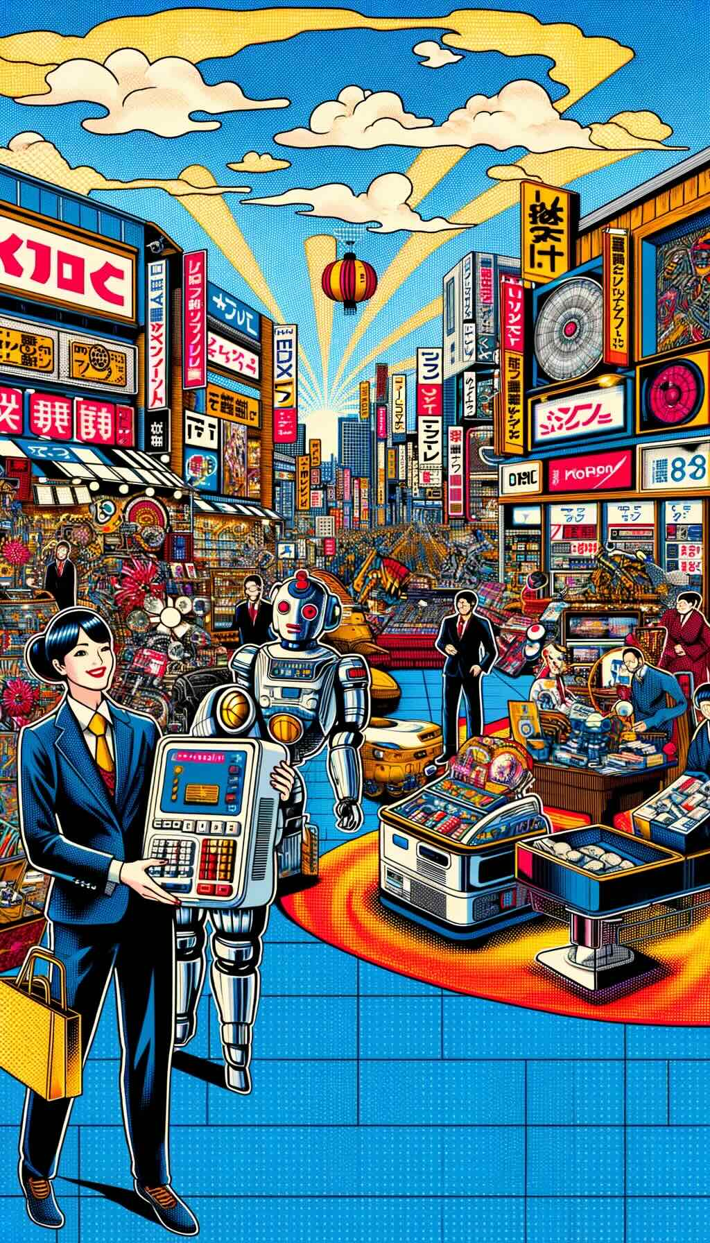 Cultural aspects of electronics shopping in Japan illustrates the concept of 'Omotenashi', with scenes of staff providing exceptional customer service in electronics stores, showcasing professionalism and extensive product knowledge. The image also features depictions of unique Japanese gadgets like robot smartphones and high-tech toilet seats, symbolizing the blend of functionality, whimsy, and innovation that characterizes Japanese technology. Furthermore, the vibrant atmosphere of seasonal sales and festivals, such as New Year's 'Fukubukuro' and the Akihabara Electric Town Festival, is portrayed, highlighting the festive spectacles that these shopping seasons bring. The composition is colorful and dynamic, capturing the unique shopping experience in Japan, where customer service is an art form, gadgets are ingeniously designed, and sales seasons are much more than just opportunities for discounts—they are cultural events. The Pop art style adds a dynamic and engaging visual appeal, reflecting the excitement and cultural richness of electronics shopping in Japan
