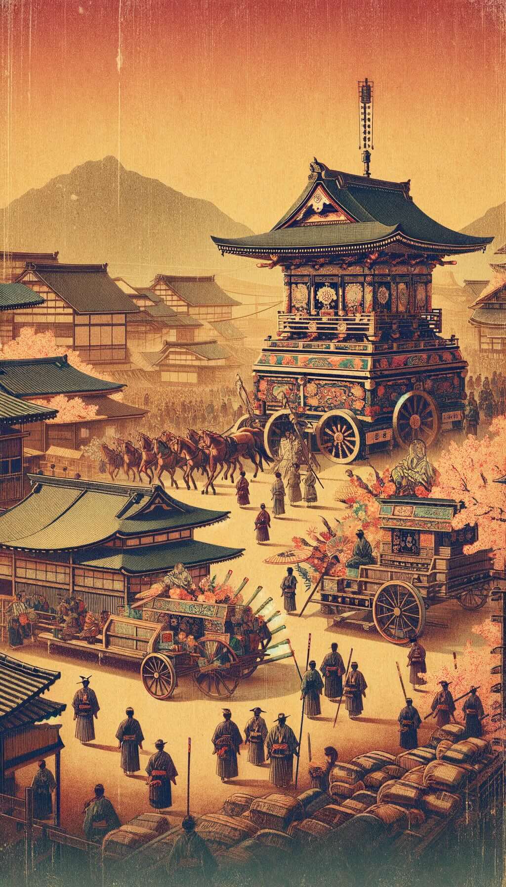 Cultural background of Matsuri festivals in Japan, portrays the historical roots with elements of ancient Shinto rituals, agricultural practices, and seasonal celebrations. The artwork captures the essence of these deeply rooted traditional celebrations, highlighting their significance in Japanese culture.