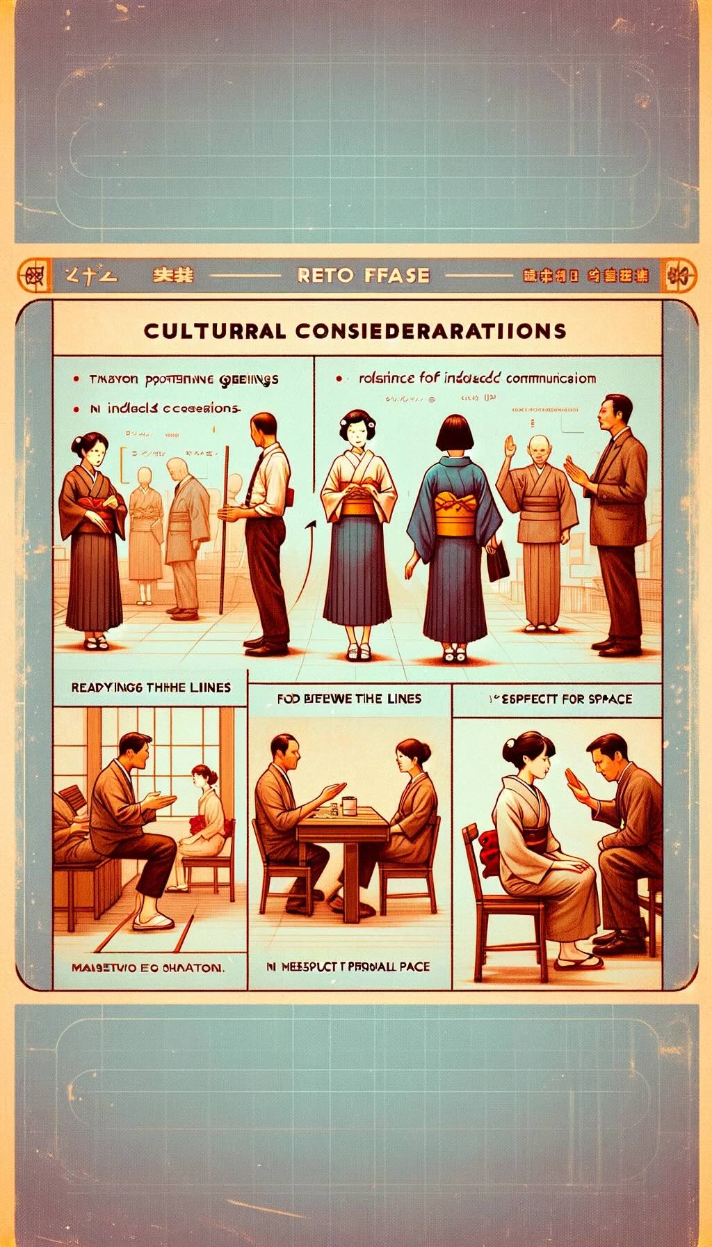 Cultural considerations in communication in Japan depicts the grace of politeness in interactions, the dance of indirect communication, and the respect for personal space. It visualizes scenes of travelers practicing polite greetings, reading between the lines in responses, and maintaining respectful distances in public spaces. The image captures the essence of Japanese culture where respect and subtlety are paramount, showcasing how these cultural nuances influence communication and adding a touch of nostalgia and warmth, reflecting the depth and elegance of Japanese social customs