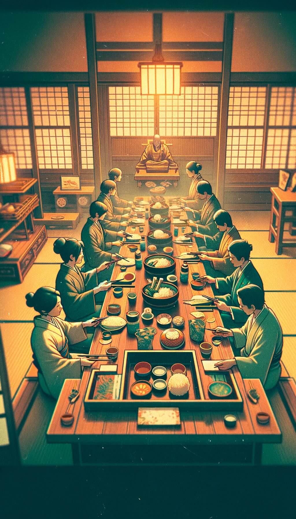 Cultural context of dining in Japan, illustrating the traditional dining setting and etiquettes that reflect the country's history, aesthetics, and societal values. 