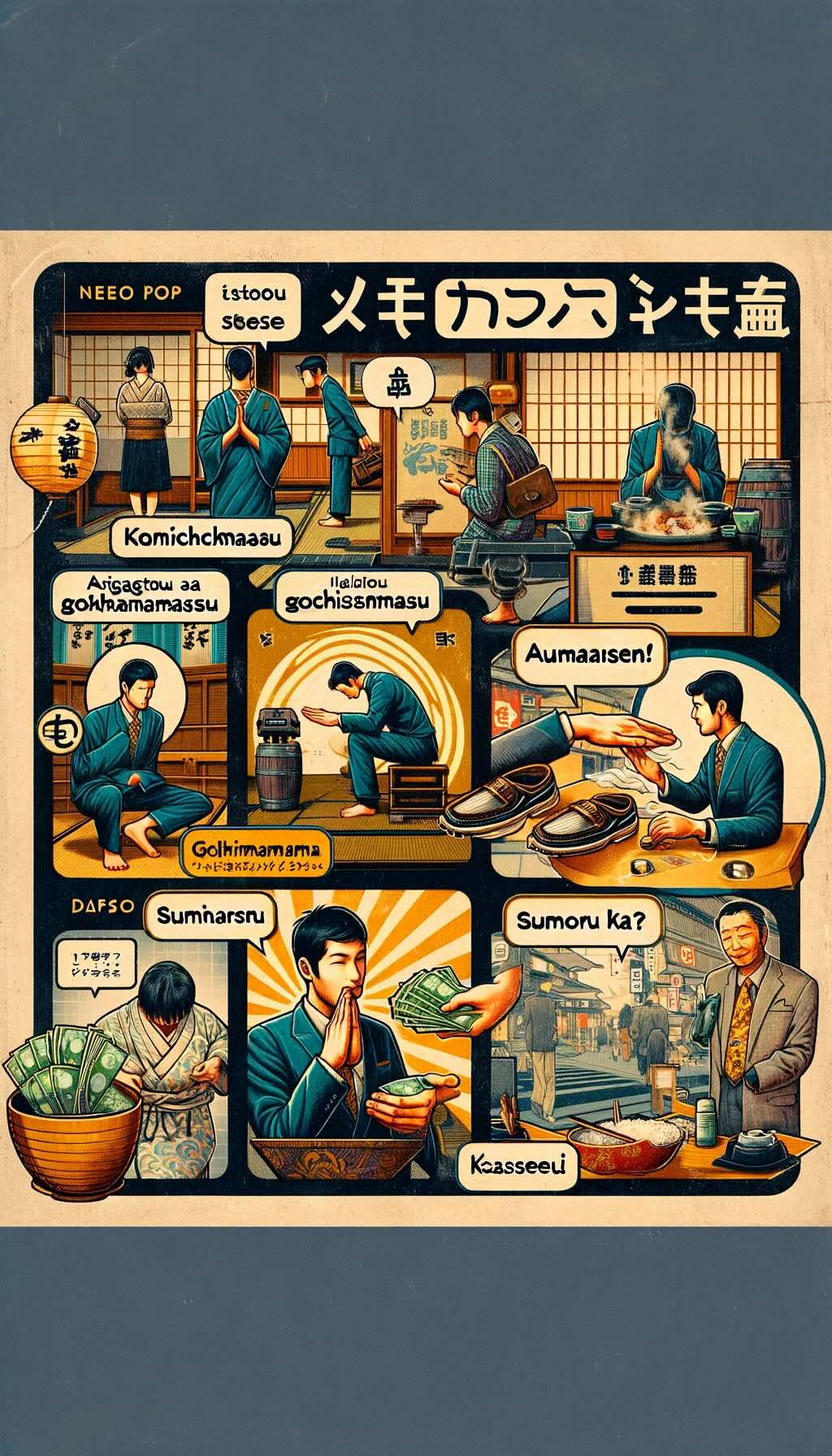 Cultural etiquette and useful Japanese phrases for travelers in Sapporo, depicts a series of scenarios that reflect the importance of politeness, respect, and understanding in Japanese culture. You can see a traveler bowing in greeting, removing shoes before entering a traditional establishment, and dining with expressions of gratitude such as “itadakimasu” and “gochisousama deshita.” It also shows the respectful practice of experiencing an onsen, adhering to the rules, and shopping etiquette with money placed on the provided tray. Visual representations of the phrases “Konnichiwa,” “Arigatou gozaimasu,” “Sumimasen,” “Eigo o hanasemasu ka?”, “_______ wa doko desu ka?”, and “Ikura desu ka?” are included, enriching the visitor's experience by highlighting key aspects of navigating the cultural landscape of Sapporo. It conveys the enriching interactions and experiences that await travelers, emphasizing the communal joy and mutual respect that define the essence of travel in Japan.