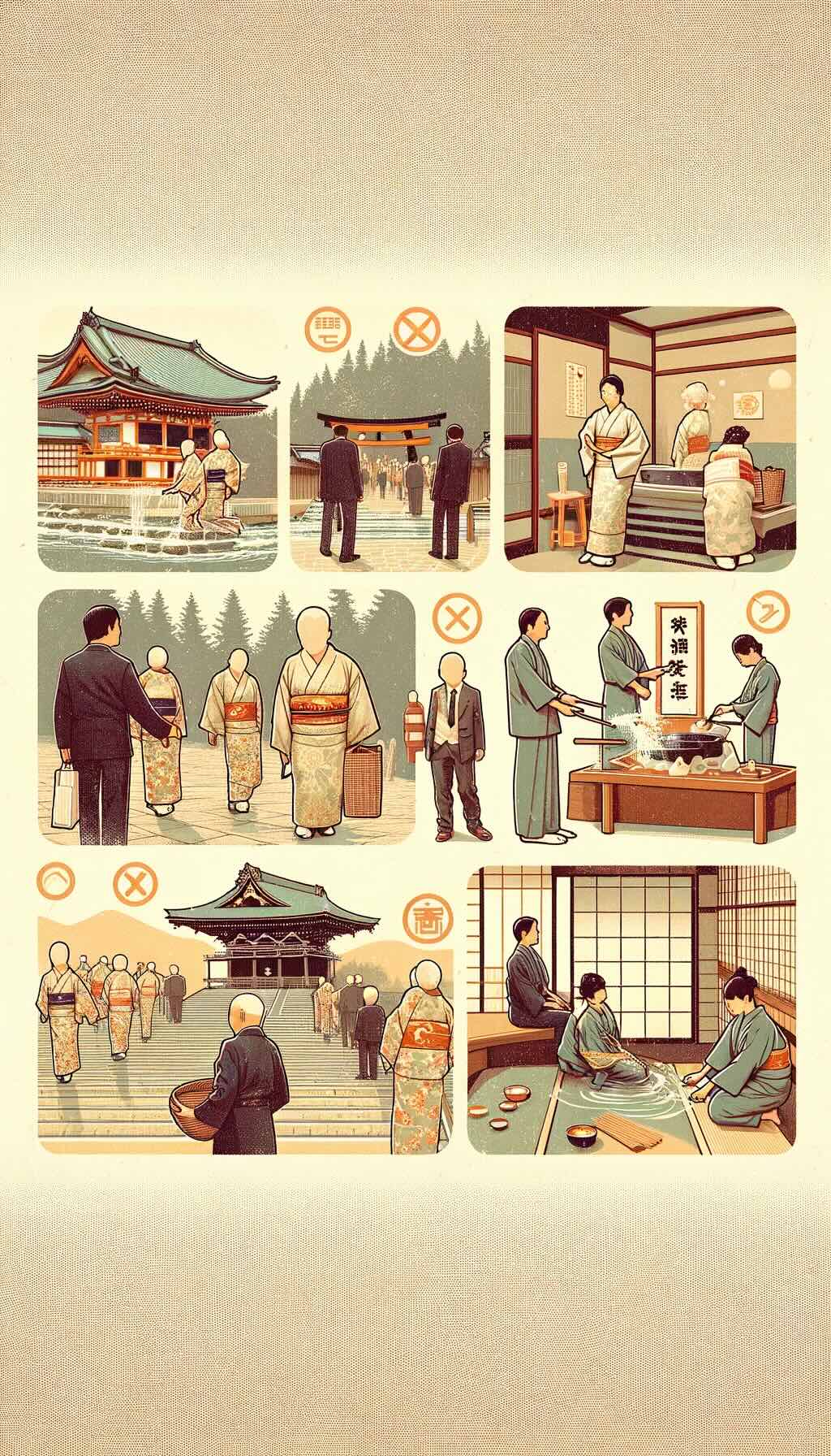 Cultural etiquette of Japan illustrates various aspects of Japanese customs and practices, from purification rituals at temples to respectful interactions with locals and traditional onsen etiquette