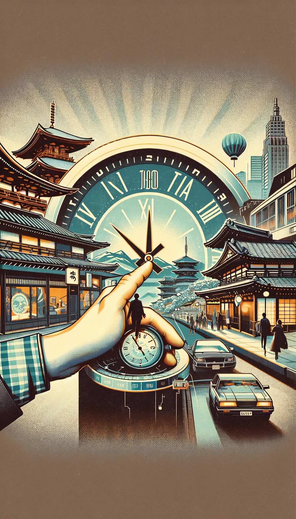 Cultural significance of Japan Standard Time (JST) in travel depicts the integration of a traveler with Japan's time zone, symbolizing the adaptation to the rhythm of the nation. The artwork illustrates scenes that reflect the bustling streets of Tokyo and the serene temples of Kyoto, emphasizing the respect for time and punctuality in Japanese culture. Additionally, it includes elements that represent global connectedness and the importance of time zone awareness in modern travel. The image shows a traveler adjusting their watch to JST, planning itineraries, or scheduling calls across different time zones. This artwork conveys the concept of cultural literacy and the ability to build bridges across time and space
