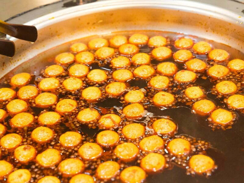 Curry fish ball is a Taiwanese street food that is unique and tasty for visitors to Taipei, Taiwan 