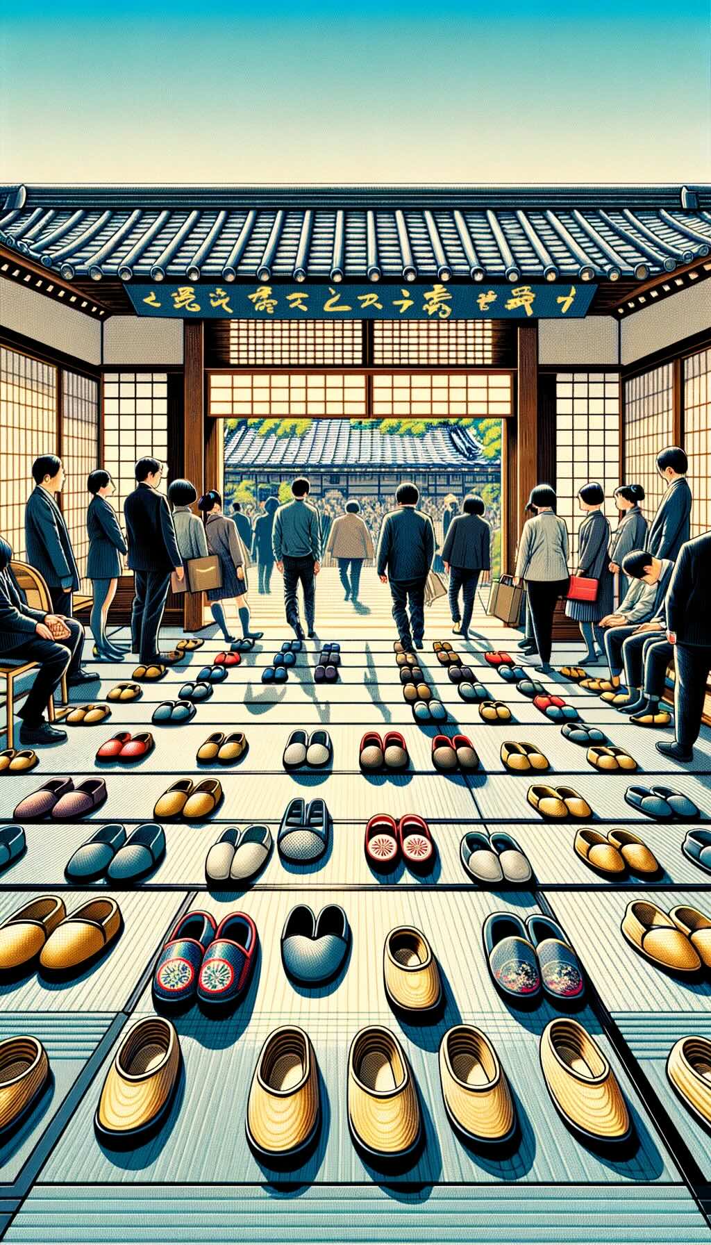 Custom of removing shoes in indoor spaces in Japan. It features a genkan (entryway area) with rows of slippers and a raised floor, highlighting the transition from outdoor to indoor environments. It depicts visitors observing this custom, removing their shoes, and wearing indoor slippers, including separate slippers for the restroom. It conveys the importance of this custom in Japanese culture, emphasizing values of cleanliness and purity and highlighting appropriate indoor footwear etiquette.