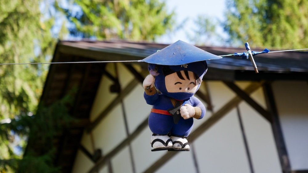 Cute ninja handing on a wire on a day trip from Nagano city, Japan 