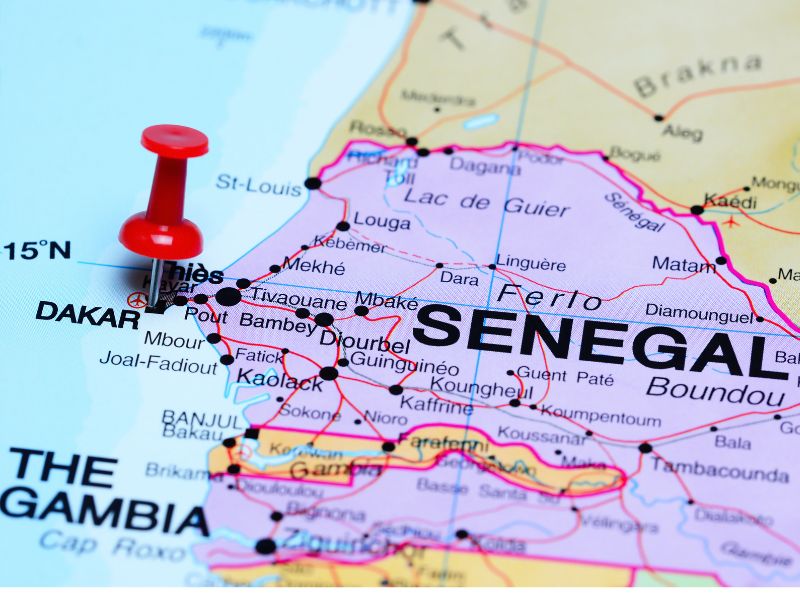 Dakar Senegal pinned on a map 