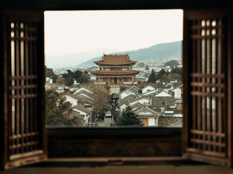 Dali Old Town Framed Through A Window In China 